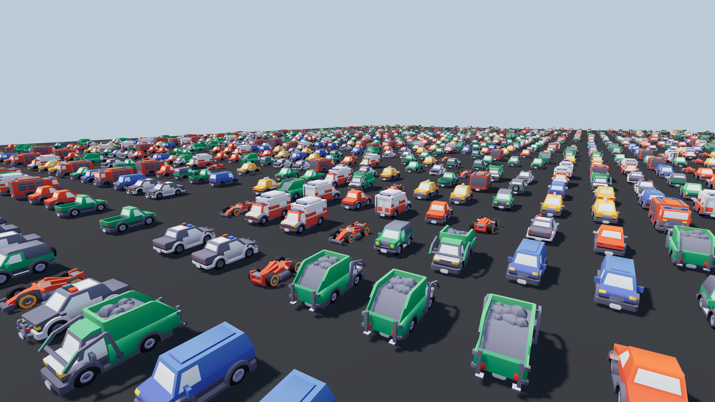 A parking lot of textured glTF cars