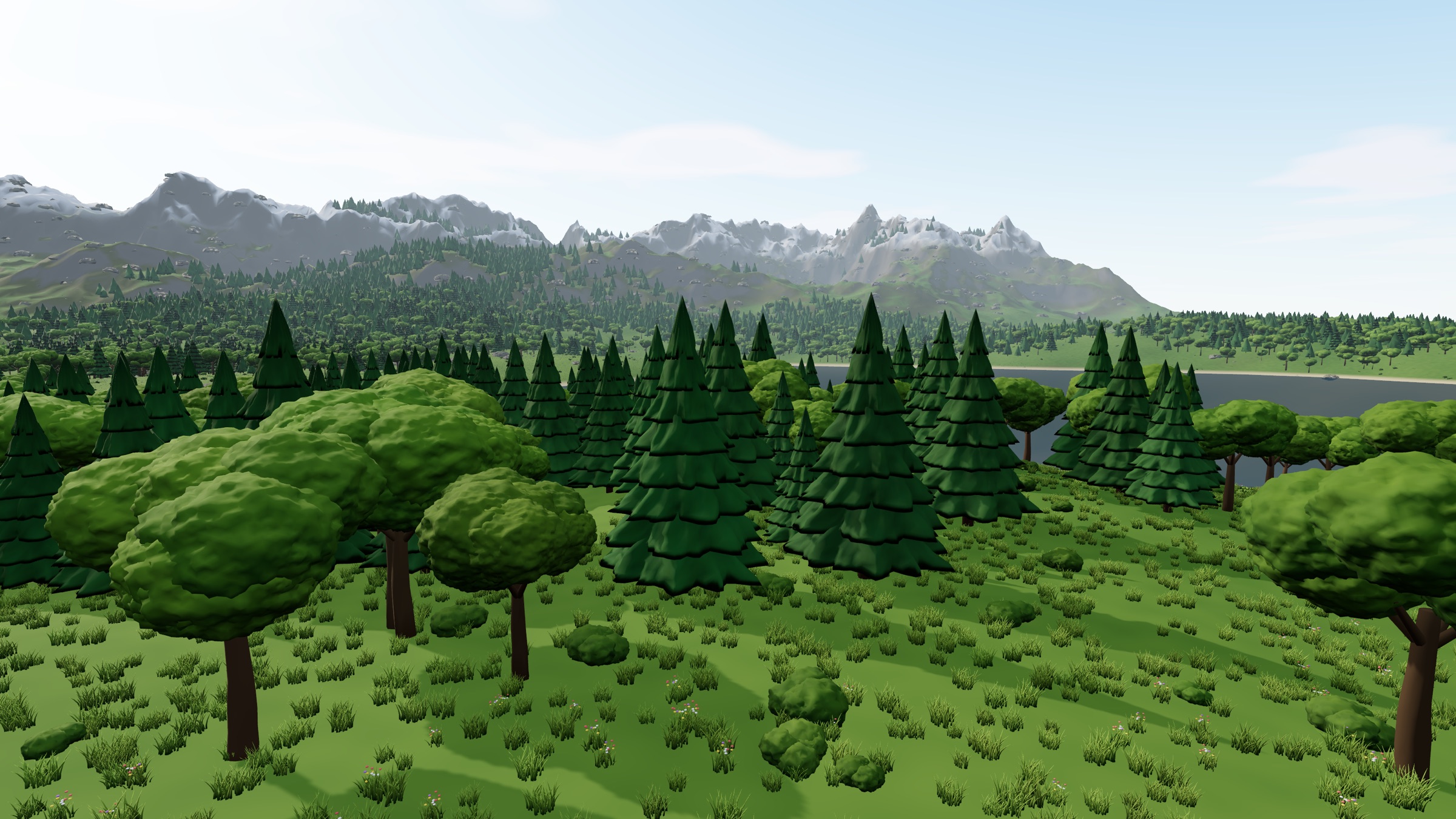 A valley with conifers, a lake and mountains