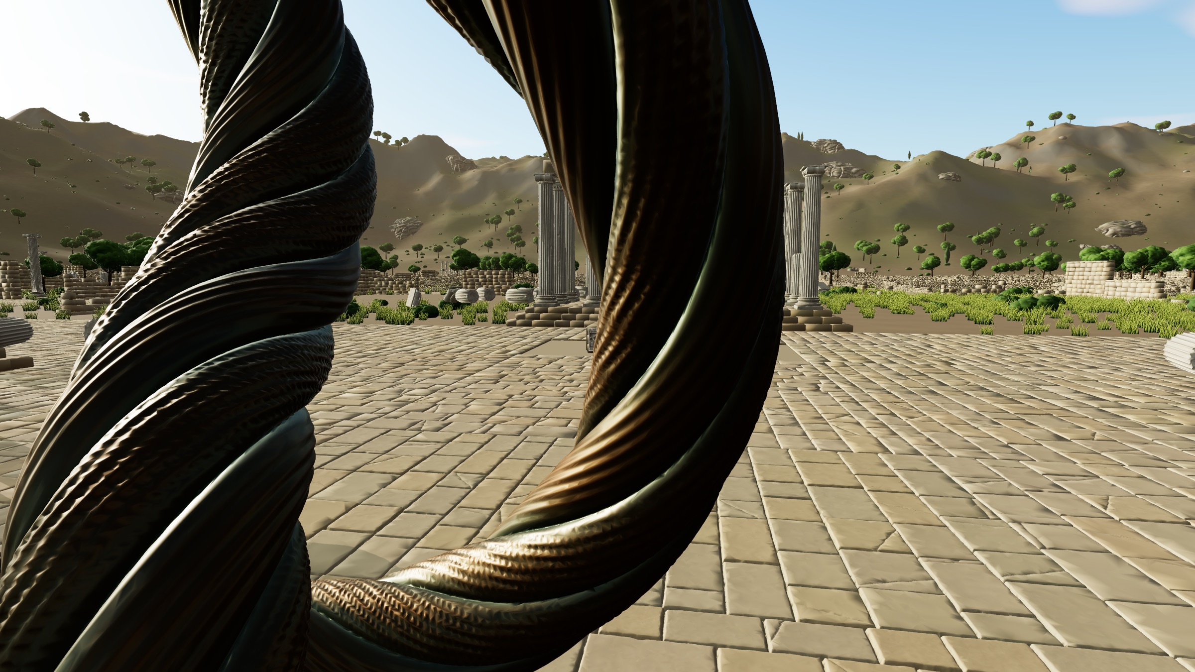 A 2-million-triangle bronze sculpture in front of a ruined temple, rendered live in the browser