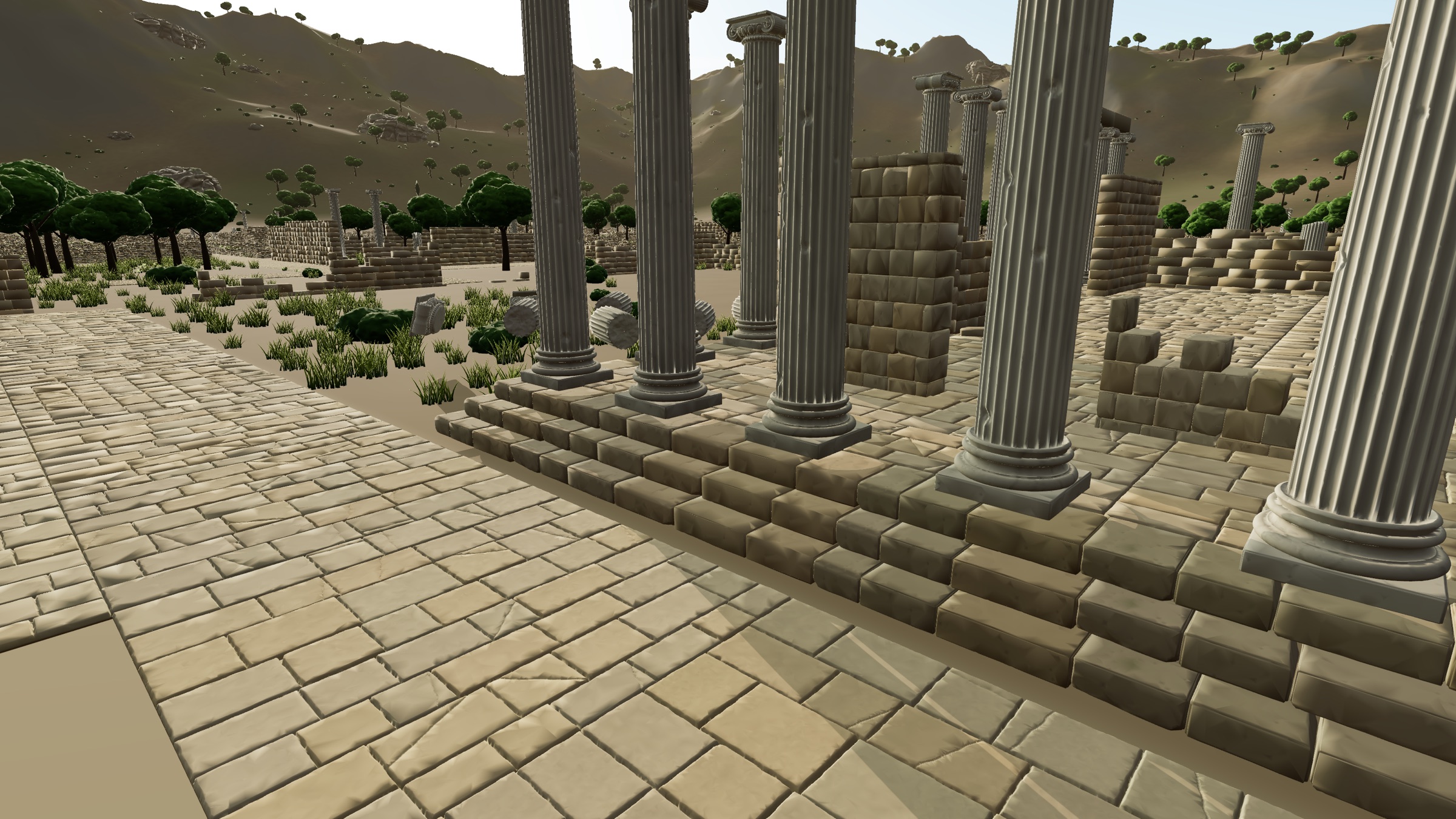 Fluted columns and paving stones up close
